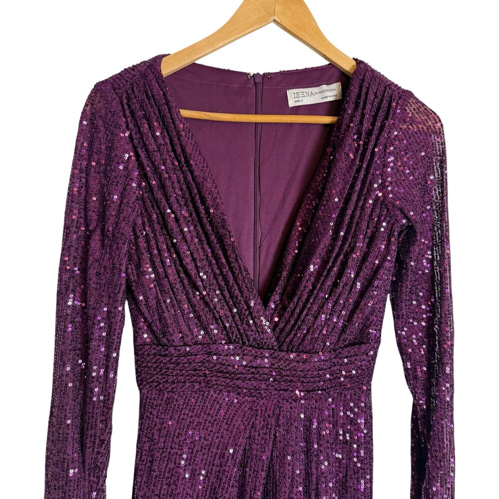 Mac Duggal Purple Sequined Long Sleeve V-Neck Slit Formal Prom Gown Size 2 - Picture 5 of 9
